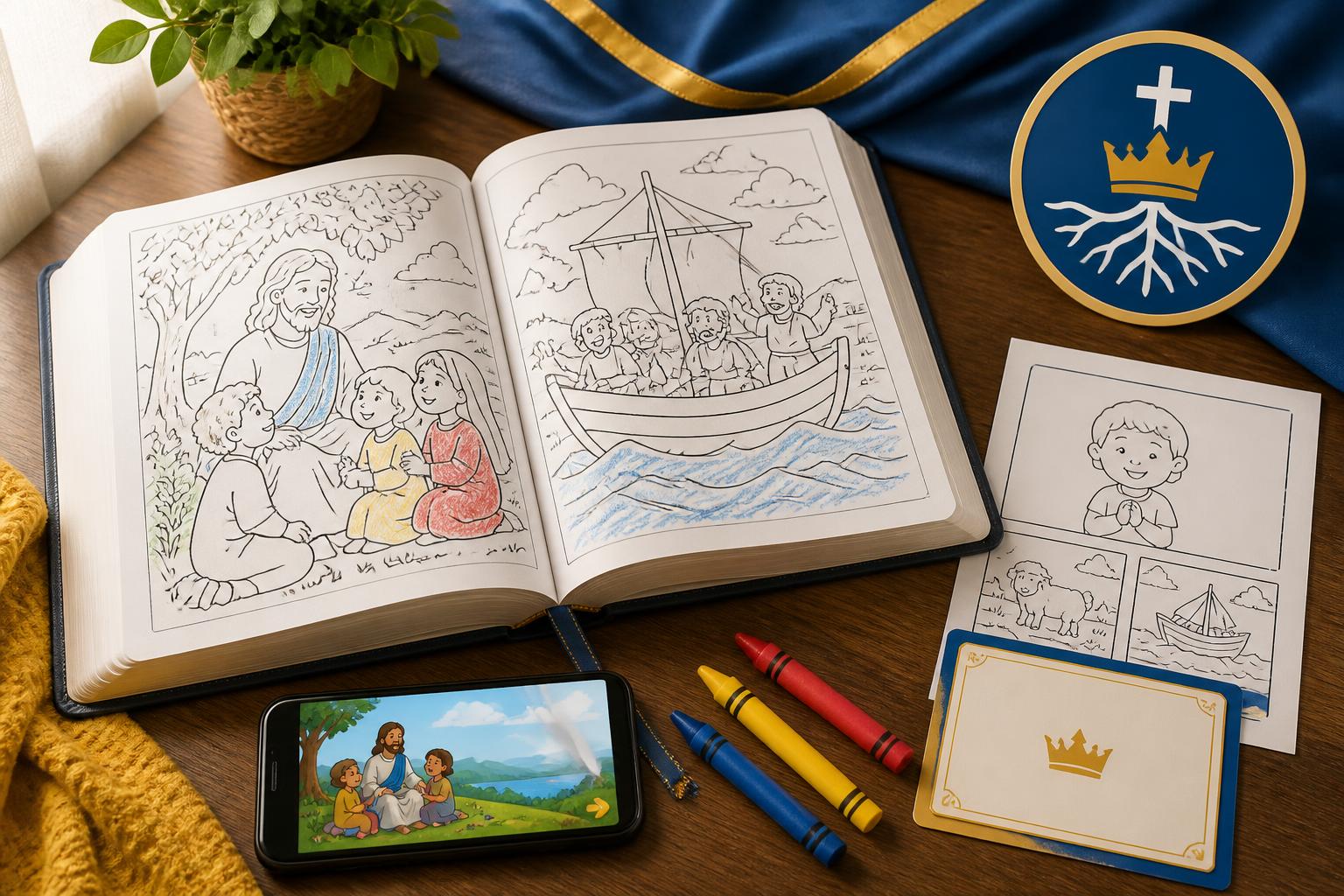 An ADAM Ministries Bible coloring book open on a desk with crayons, a take-home activity sheet, a phone showing the read-aloud page-turn story, and the ADAM Ministries logo mark